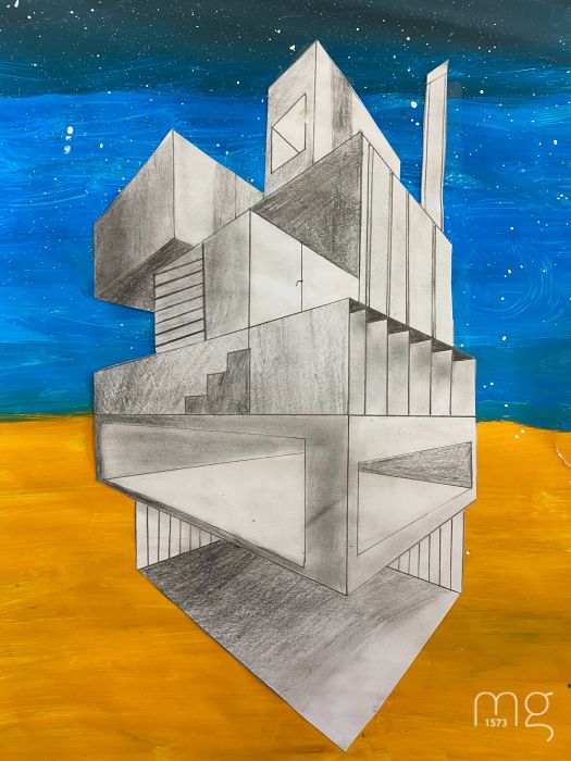 Fantasiehäuser in Übereckperspektive mit malerischem Hintergrund 